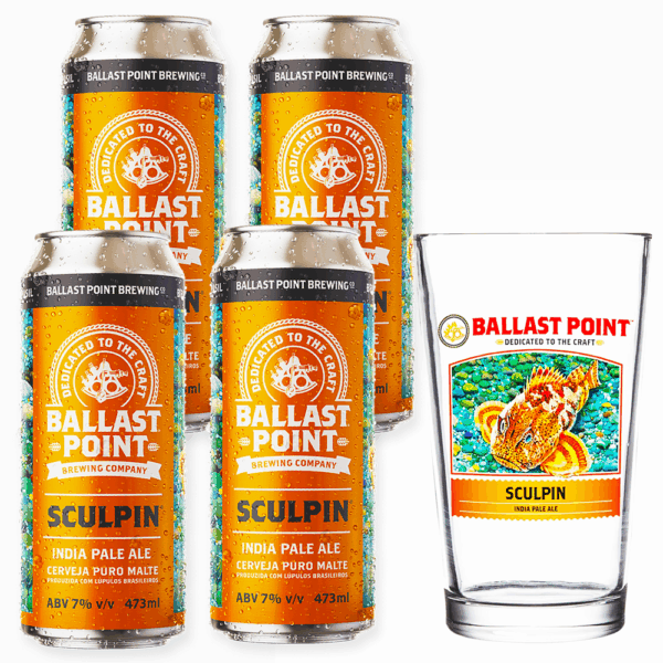 Kit 4 Cerveja Ballast Point Sculpin IPA 473ml + Copo Pint - Imagem 1