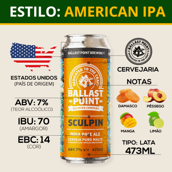 Kit 5 Cerveja Ballast Point Sculpin IPA 473ml + Copo Pint - Imagem 4