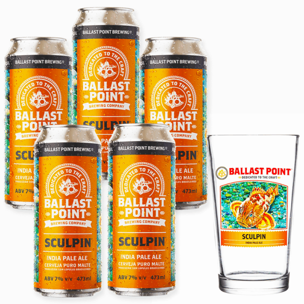 Kit 5 Cerveja Ballast Point Sculpin IPA 473ml + Copo Pint - Imagem 1