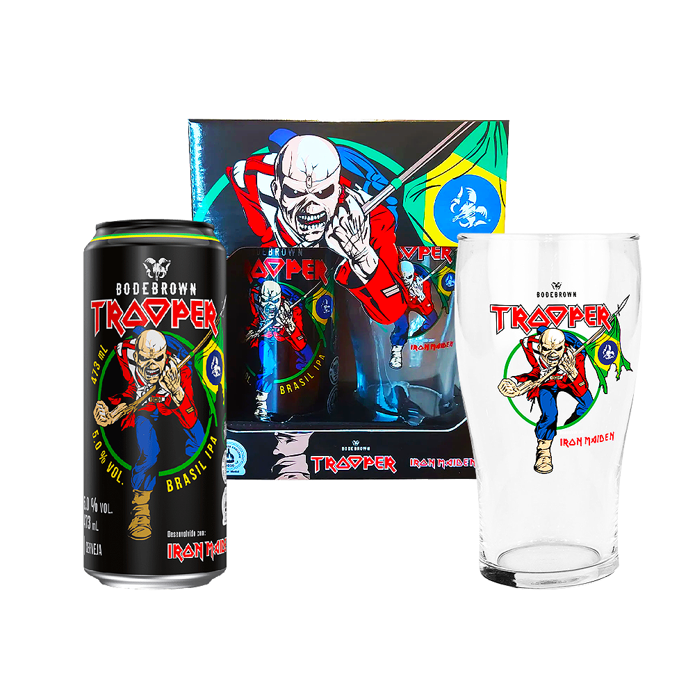 8691bf0cfadd57886f84f1c600546785.png Kit Trooper Brasil IPA Bodebrown 473ml + Copo Pint Eddie - Imagem 1